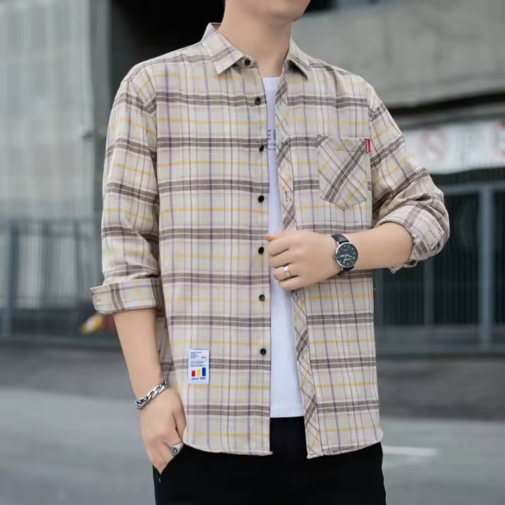 Top informal holgado de manga larga a cuadros para hombre, ropa de primavera y otoño - 1