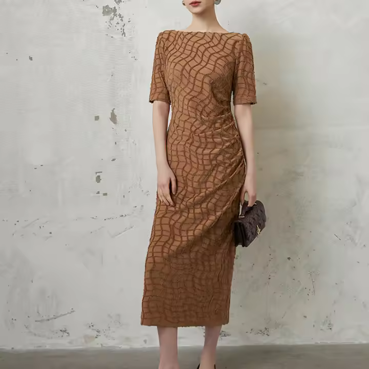 Vestido a cuadros para mujer, ropa elegante de manga corta, lazo a la cadera, cuello diagonal, adecuado para primavera y verano - 1