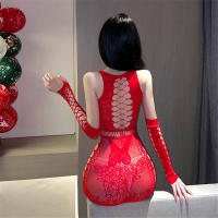 Vestido de Dormir Sexy para Mujer Manga Larga, Red de Pescado, Falda Corta - details 8