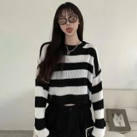 Suéter de estilo coreano con cuello redondo a rayas para mujer, Jersey de punto de colores contrastantes, Tops de punto sueltos de manga larga - details 10