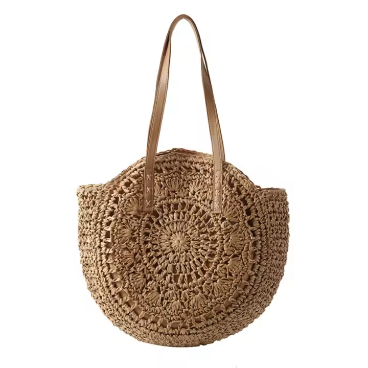 Bolso redondo de paja tejido a la moda, bolso de mano bohemio hecho a mano, bolso de hombro tejido de gran capacidad hueco, bolso de viaje - 1
