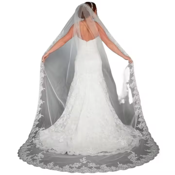 Apliques de encaje de marfil blanco, velos de boda largos de tul con borde de encaje, velos de novia 1T, 3 metros - 1