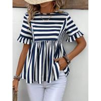 Nuevo Vestido camisero de verano para mujer, cuello redondo, manga con volantes, holgado, cómodo, a rayas - details 3