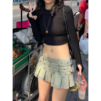 BUNO-Minifalda vaquera vintage de cintura baja, falda plisada con cinturón grande y hebilla cuadrada a la moda de verano 2025 - details 2