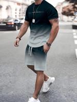 Hombres de dos piezas de color degradado monograma traje casual cuello redondo camiseta de manga corta con pantalones cortos de moda y cómodo - details 5