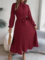Vestido plisado elegante con cuello levantado y manga larga y cintura cerrada para mujer, vestido largo de Otoño Invierno - details 11