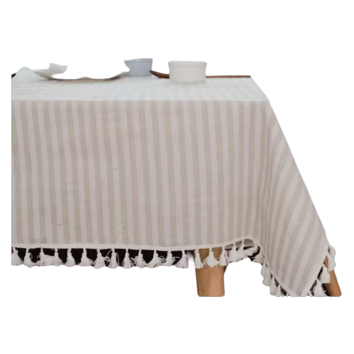 Mantel rectangular de lino con aspecto de rayas y borlas, lavable, resistente al fuego, antimanchas, fácil de cuidar, para interior, exterior, jardín, coque, fiestas y celebraciones, tamaño beige: 100x140 cm - 1