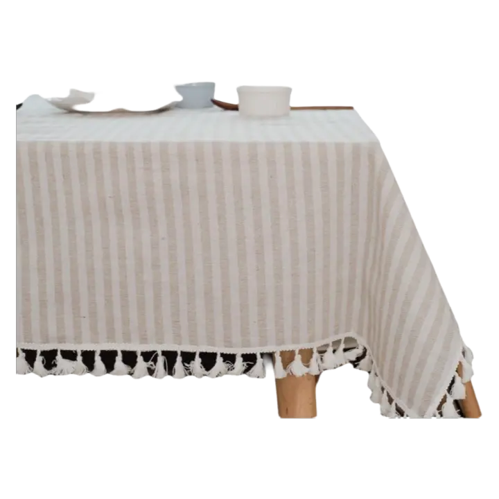 Mantel rectangular de lino con aspecto de rayas y borlas, lavable, resistente al fuego, antimanchas, fácil de cuidar, para interior, exterior, jardín, coque, fiestas y celebraciones, tamaño beige: 100x140 cm - 1