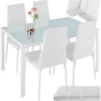 Juego de Comedor de Acero Mesa de Cristal Seguridad, 4 Sillas, Estructura de Acero, Cubiertas de Cuero Sintético Blanco - details 0