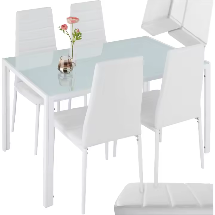 Juego de Comedor de Acero Mesa de Cristal Seguridad, 4 Sillas, Estructura de Acero, Cubiertas de Cuero Sintético Blanco - 1