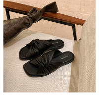 Zapatillas de las mujeres de verano pliegues retorcido fondo plano exterior desgaste sandalias versátil cabeza cuadrada nube media arrastre - details 39