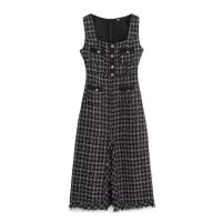 - Conjunto de dos piezas de moda coreana para mujer, blusa blanca con cuello de lazo y tirantes finos, minivestido de tweed con un solo botón - details 1