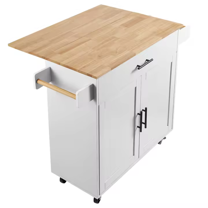 SucceBuy Carro de isla de cocina de 35.4" de ancho, tablero de madera maciza, mesa de almacenamiento móvil con gabinete, especiero, toallero, hoja abatible, cajón, isla rodante portátil con ruedas, blanco - 1