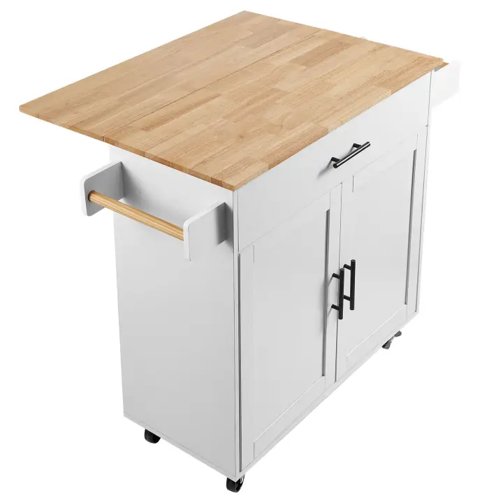 SucceBuy Carro de isla de cocina de 35.4" de ancho, tablero de madera maciza, mesa de almacenamiento móvil con gabinete, especiero, toallero, hoja abatible, cajón, isla rodante portátil con ruedas, blanco - 1