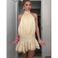 BUNO-Minivestido elegante de gasa con volantes lisos para mujer, minivestido Halter a la moda sin mangas y espalda descubierta, vestidos ajustados de cintura alta, batas de playa para mujer - details 9