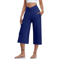 2024 primavera y verano mujeres elástico cintura alta 3/4 pantalón sólido Casual ajuste activo pantalones de pierna Capris anchos pantalones con bolsillos - details 60