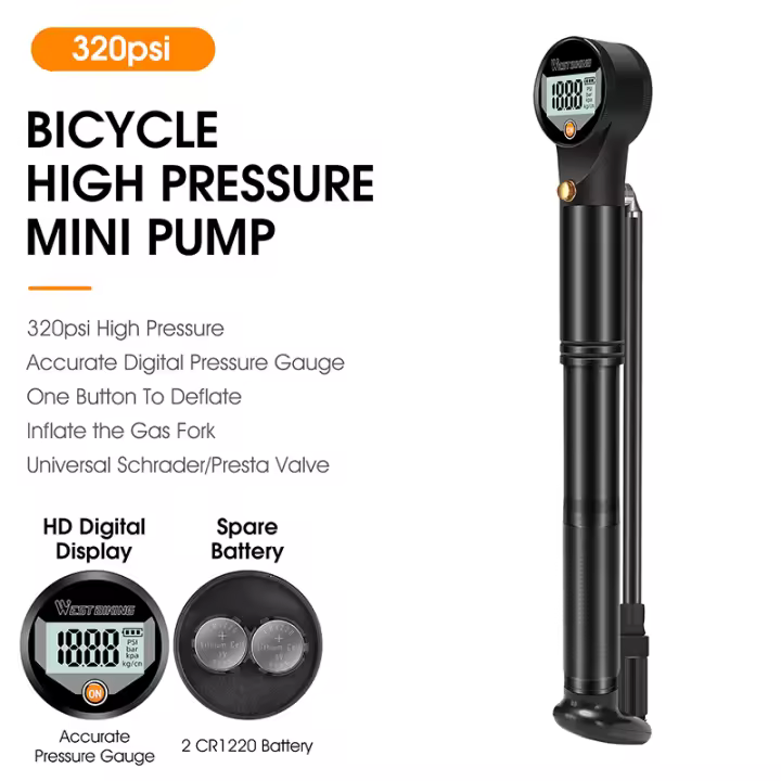 Mini bomba de choque para neumáticos de bicicleta, bomba de horquilla de mano portátil, 320PSI, bomba de aire para bicicleta con válvulas Presta Schrader digitales de presión - 1