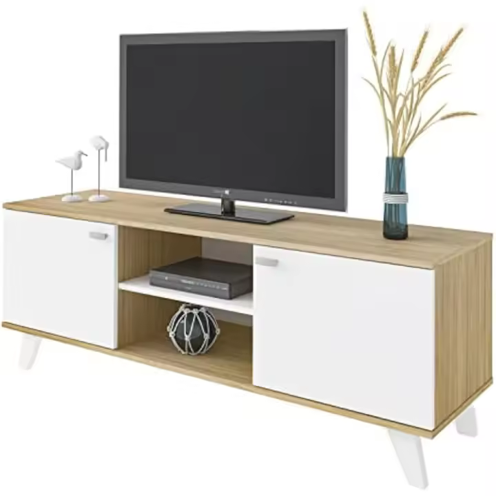 Mueble TV moderno Mesa de salón de 2 puertas y baldos centrales Acabado en roble y blanco - 1