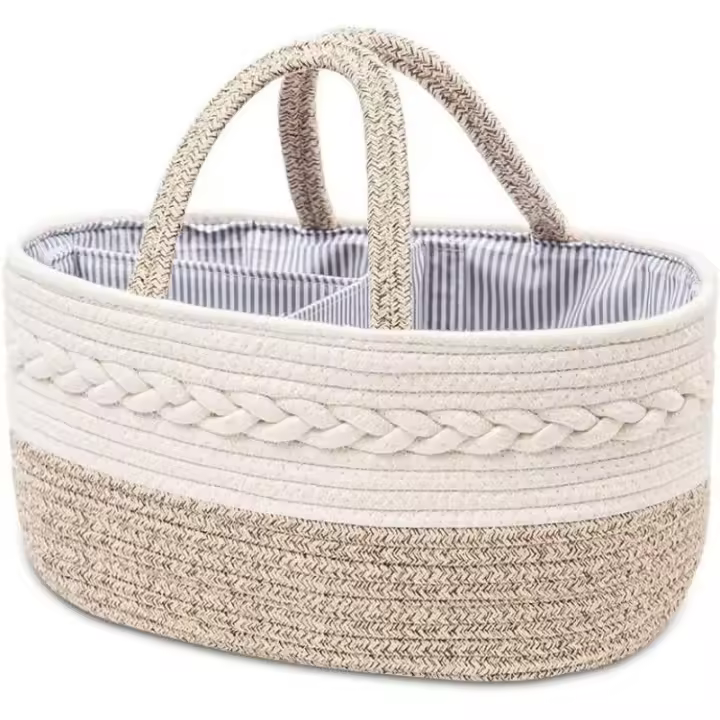 Organizador de pañales para bebé, cesta de almacenamiento portátil de algodón tejido con cuerda, cesta de bricolaje con compartimentos intercambiables, regalo para recién nacidos - 1