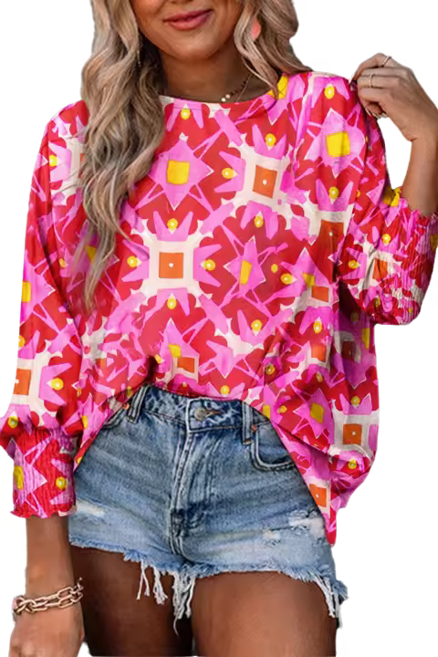 Elrachen Blusa de mujer con estampado floral y puños fruncidos, manga 3/4, corte holgado, rosa fresa, tallas S-XL - 1