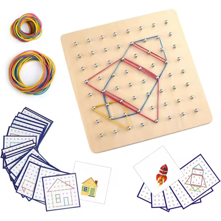 Excitat Tablero Geométrico de Madera Montessori Material Manipulable Matemático con 36Pcs Tarjetas de Patrón y Goma - 1