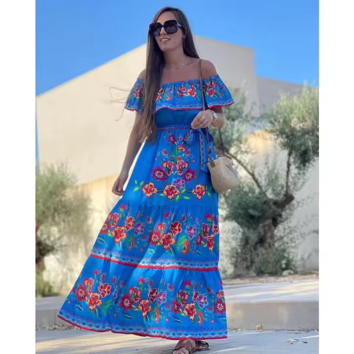 Vestido Largo para Mujer Verano 2025 Escote Palabra de Honor con Estampado de Flores Rojas - 1