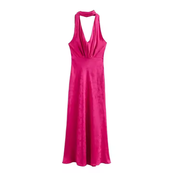 Vestido midi cansado de estilo europeo y americano para mujer, decoración de encaje, jacquard, cuello colgante, 2024ZAR4 - 1
