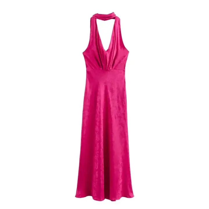Vestido midi cansado de estilo europeo y americano para mujer, decoración de encaje, jacquard, cuello colgante, 2024ZAR4 - 1