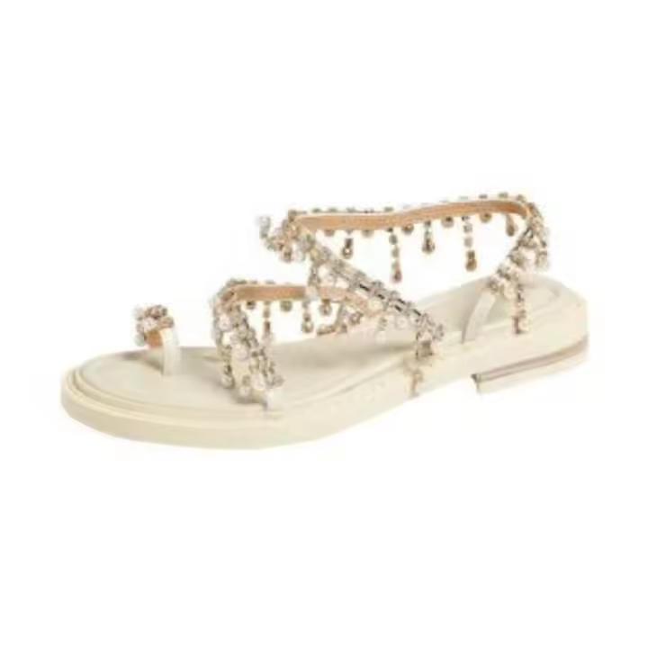 Estilo famoso sandalias de suela plana zapatos de mujer 2025 verano nuevo conjunto de borla de perlas sandalias romanas de suela plana con punta - 1