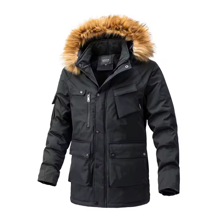 Chaqueta gruesa con capucha a prueba de viento para hombre, Parka cálida de lana con cuello de piel, abrigo informal clásico de marca, moda de invierno, 2024 - 1