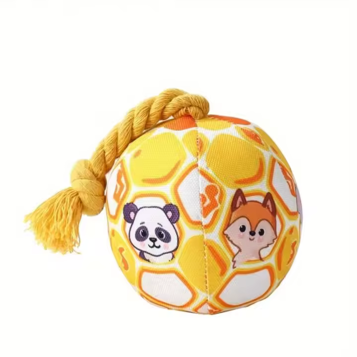 Pelota de juguete para perros con relleno de algodón PP, campana interactiva con nudo de cuerda, juguete con sonido de felpa para mascotas, bola de disco elástica para perros para exteriores - 1