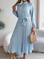 Vestido plisado elegante con cuello levantado y manga larga y cintura cerrada para mujer, vestido largo de Otoño Invierno - details 36