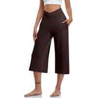 2024 primavera y verano mujeres elástico cintura alta 3/4 pantalón sólido Casual ajuste activo pantalones de pierna Capris anchos pantalones con bolsillos - details 62