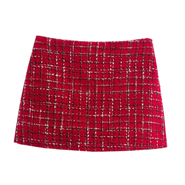 TRAFZA-Conjunto de 2 piezas para mujer, chaqueta con textura roja, solapa de bolsillo de botonadura única, abrigo y culotte con cremallera lateral de cintura alta - 1