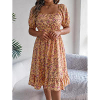 Primavera Verano 2025 Europeo y Americano Floral Cuello Cuadrado Manga Corta Cintura con Volantes Falda Línea A - details 7
