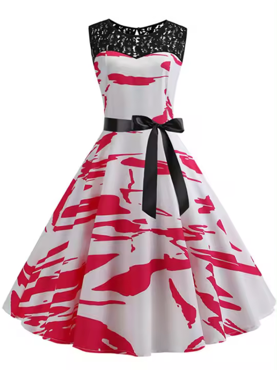 Lace patchwork floral print women summer 50s 60s elegant dress - 1