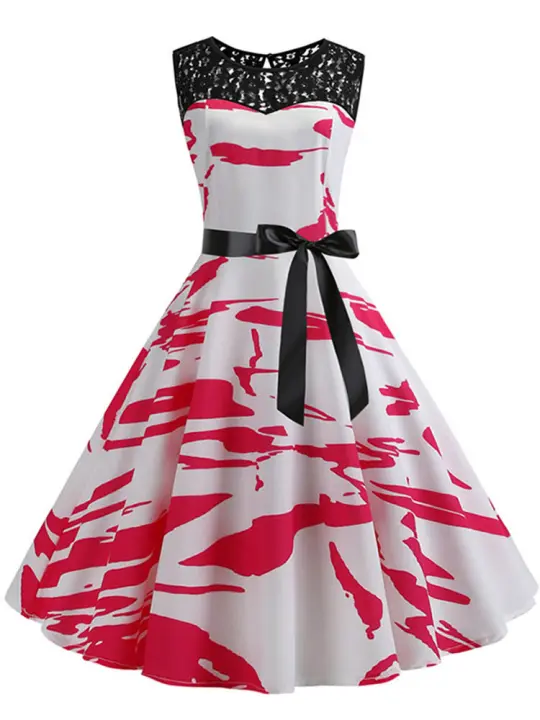 Lace patchwork floral print women summer 50s 60s elegant dress - 1