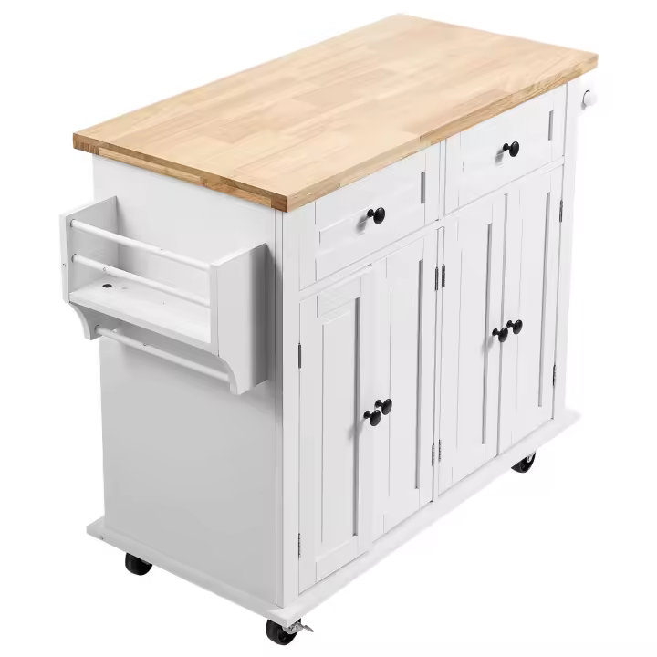SucceBuy Carro de isla de cocina de 35.4" de ancho, tablero de madera maciza, mesa de almacenamiento móvil con gabinete, especiero, toallero, cajón, isla rodante portátil con ruedas, blanco - 1