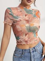 Nueva camiseta de manga corta elegante con estampado de malla, camisetas de manga corta con ribete de oreja de madera para mujeres - details 12