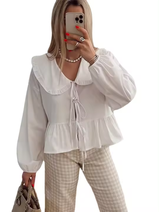 Camisa informal lisa con cordones para mujer, blusa de oficina que combina con todo, cuello redondo, dobladillo con volantes - 1
