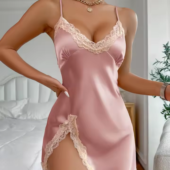 Camisón sexy de imitación simple para mujer, ropa de dormir fina de verano, pijama de seda helada, vestido de tirantes informal transpirable - 1