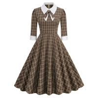 2025 nuevo Vintage marrón a cuadros Rockabilly Midi vestidos cuello vuelto arco 3/4 manga larga Otoño Invierno mujer vestido elegante - details 3