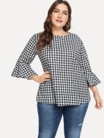 Camisa de manga acampanada con cuello redondo a cuadros de talla grande Fat Mm - details 1