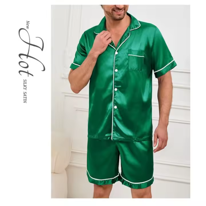 Conjunto De Pijama Para Hombres Verano Cómodo Casual Camisa Corta Con Shorts Dos Piezas Ropa De Dormir Estilo Básico Material Poliéster Y Elástico - 1