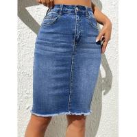 Faldas de mezclilla de cintura alta para mujer, pantalones vaqueros elásticos hasta la rodilla, falda ceñida informal - details 2