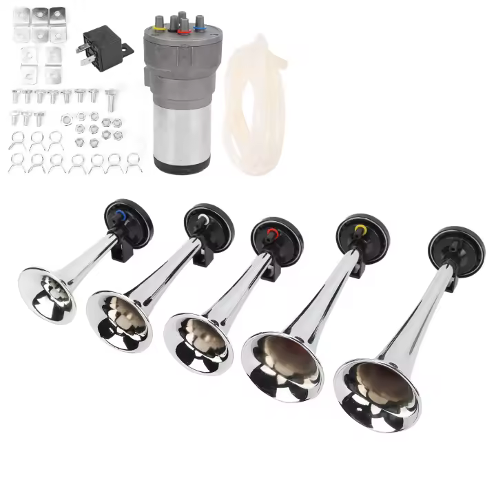 Juego de 5 trompetas para coche, sintonización de 12V con compresor, repuesto de color cromado para trenes, barcos, furgonetas - 1