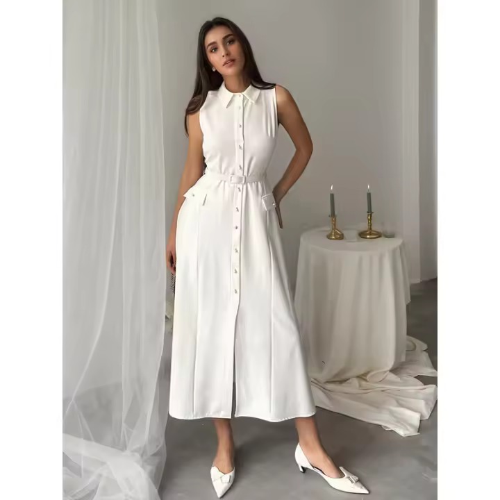 Vestido de verano otoño nuevo de color sólido sin mangas con cinturón, hebilla de perlas, ajuste ceñido y abertura para ir al trabajo. - 1