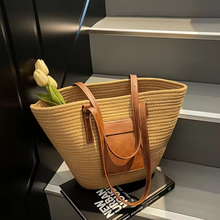 Bolso de mano tejido de paja para vacaciones de viaje de verano, bolso de playa de gran capacidad para mujer, bolso de mano artesanal de moda para vacaciones - 1