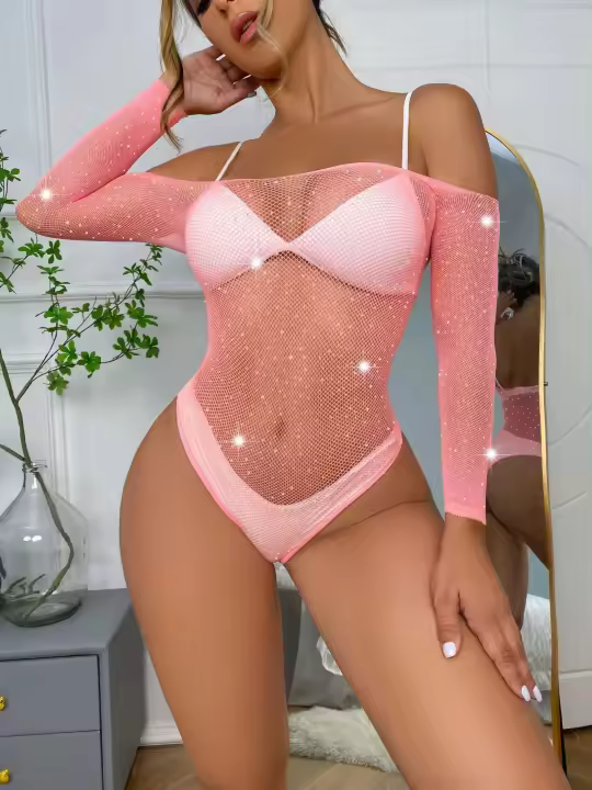 Body de strass a cuadros, lencería sexy de mujer, lencería mono de diamantes - 1