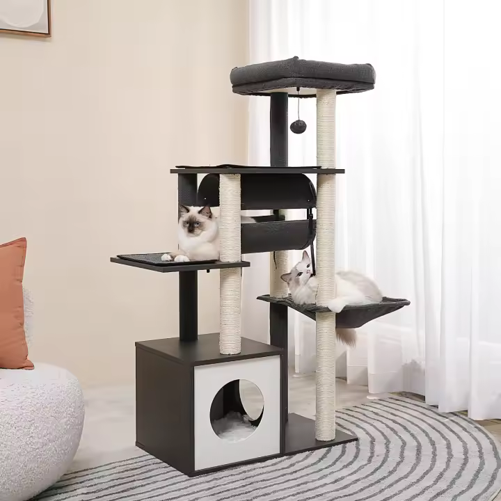 Muebles de madera modernos de la torre del gato, soporte del árbol del gato, 51,3 pulgadas con un túnel columpio de hamaca - 1